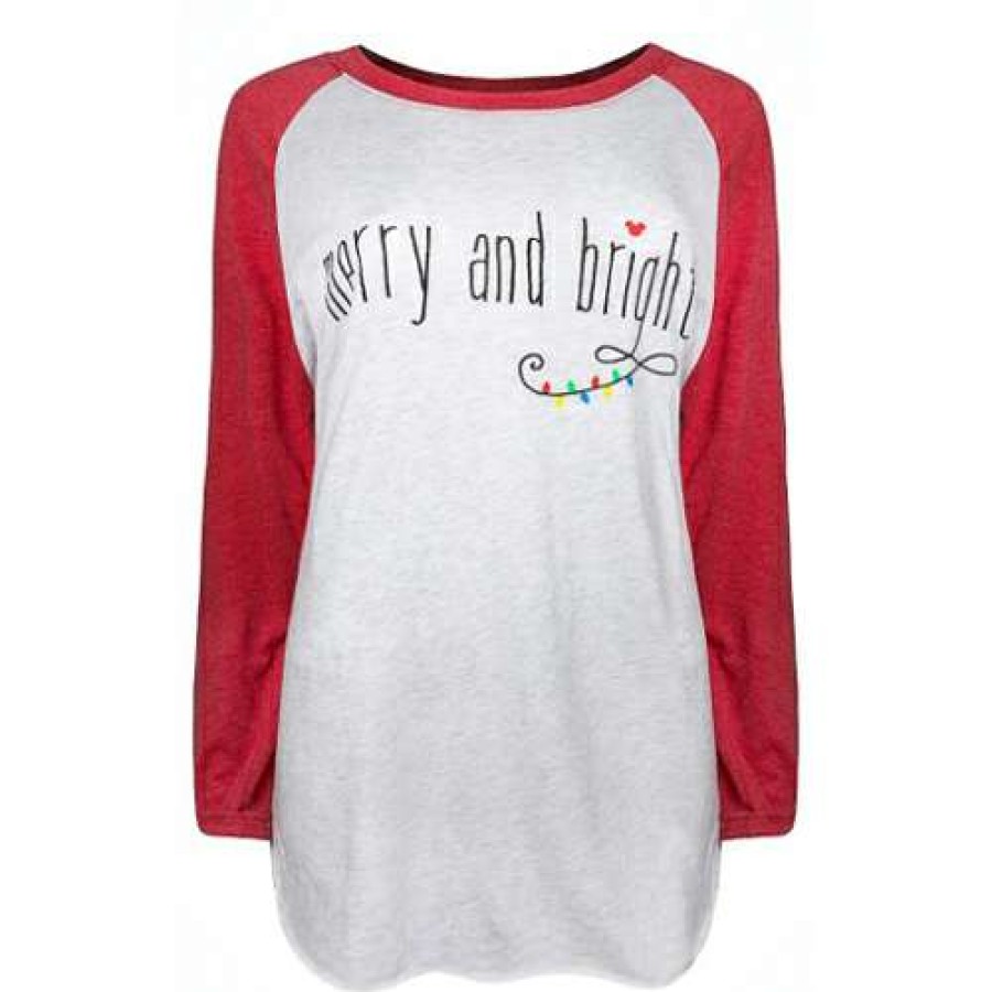 Apparel * | Disney Ladies Shirt Merry & Bright Christmas Lights Raglan Tee Free Delivery