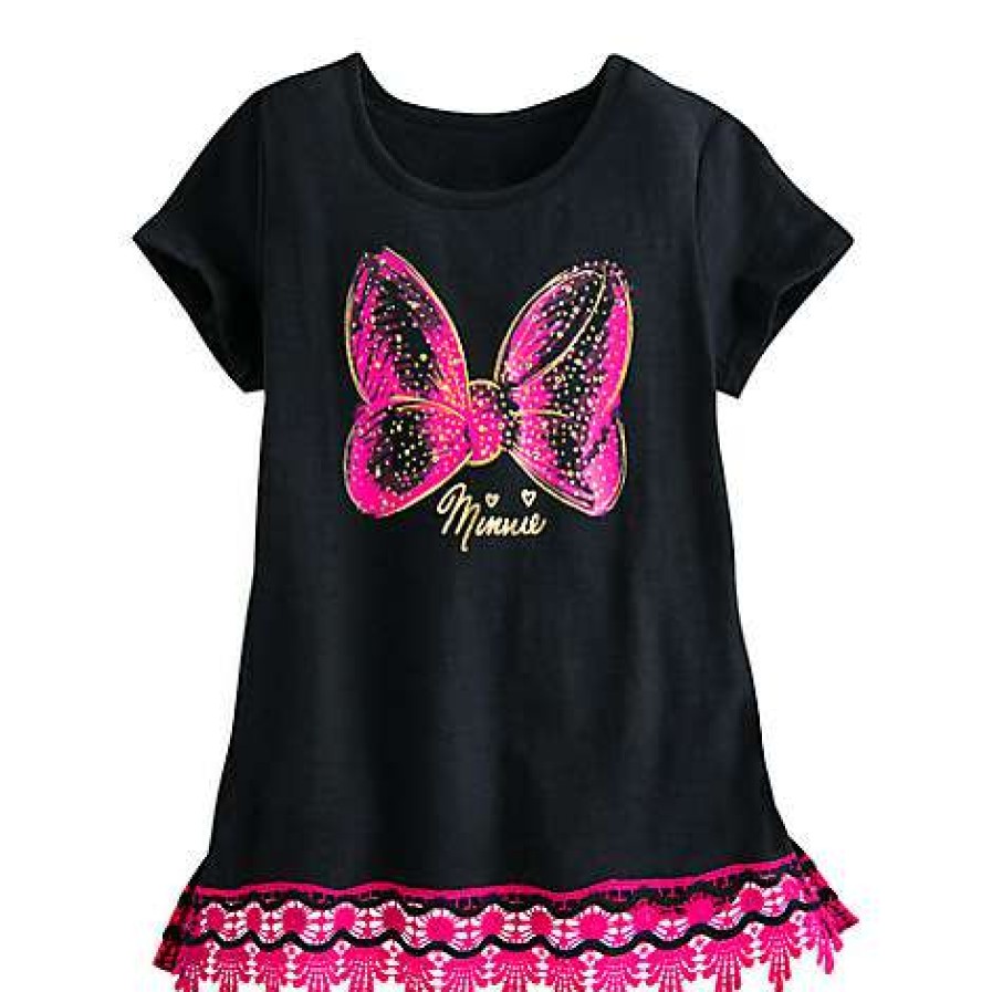 Apparel * | Disney Child Shirt Minnie Mouse Bow Lace-Trimmed Tee For Girls Bestsellers