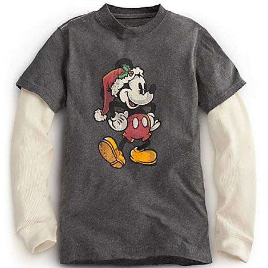 Apparel * | Disney Child Boys Shirt Santa Mickey Mouse Double-Up Long Sleeve New In