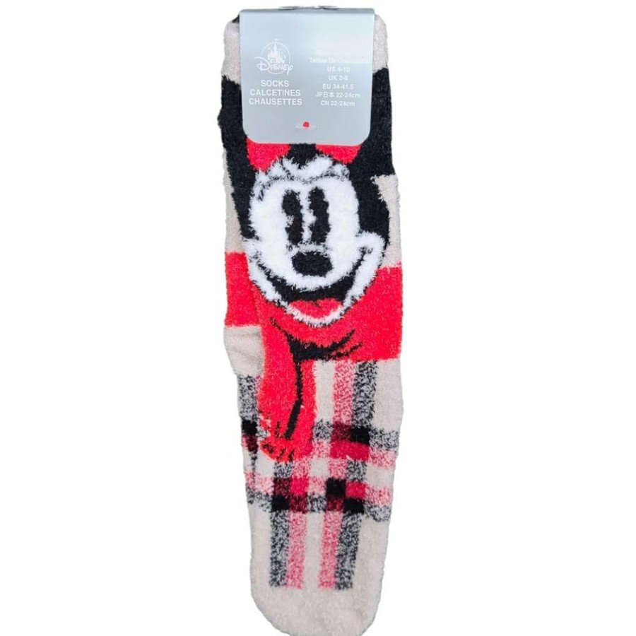 Accessories * | Disney Adult Socks Fuzzy Cream Plaid Holiday Minnie Mouse New In