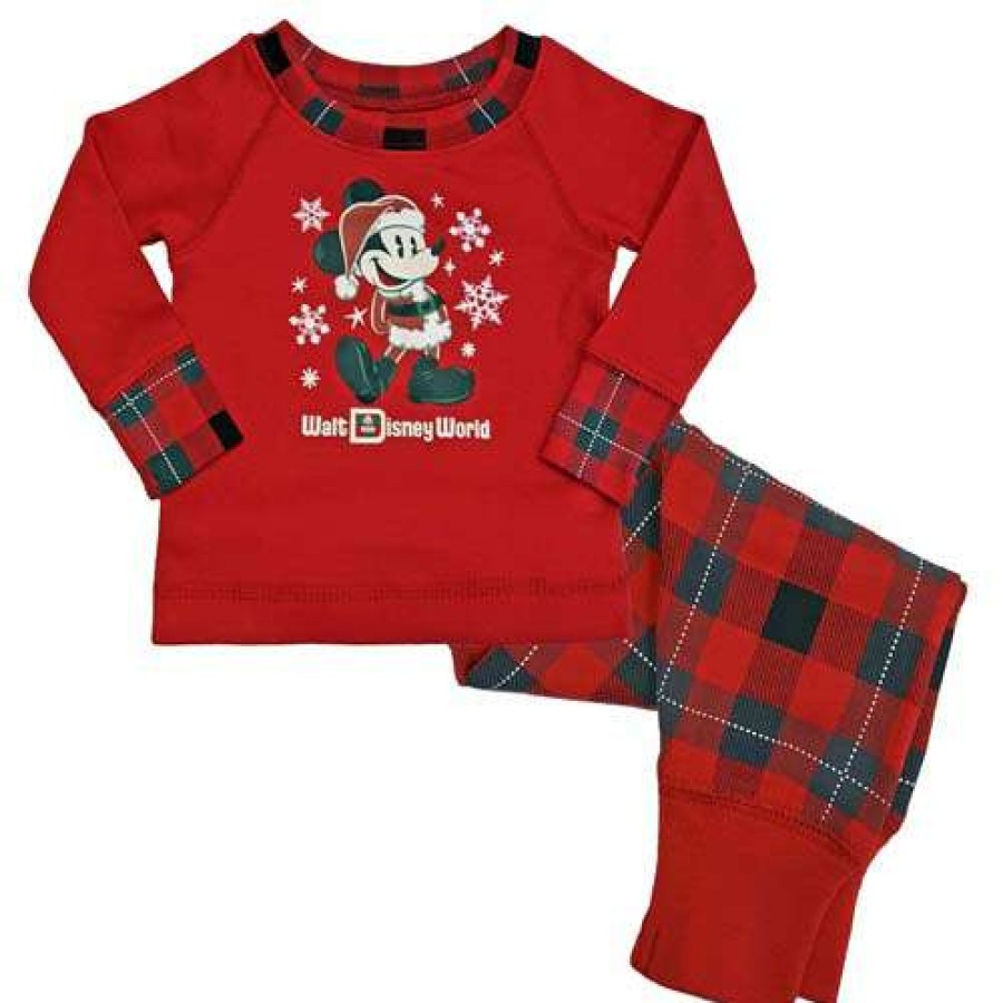 Apparel * | Disney Infant Toddler Holiday Pajamas Santa Mickey Mouse Plaid Shop New