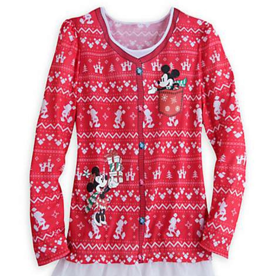 Apparel * | Disney Ladies Shirt Holiday Mickey & Minnie Faux Sweater New In