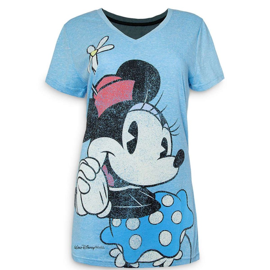 Apparel * | Disney Women'S Shirt Minnie Mouse V-Neck Blue Crazy Deals