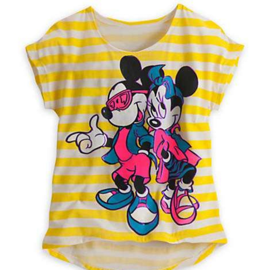 Apparel * | Disney Ladies Shirt Striped Neon Mickey And Minnie Yellow Limited Edition