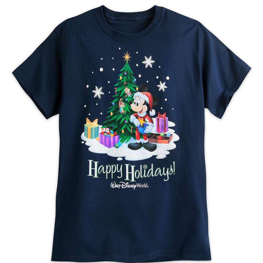 Apparel * | Disney Adult Shirt 2017 Happy Holidays Santa Mickey Tee Navy 100% Guarantee