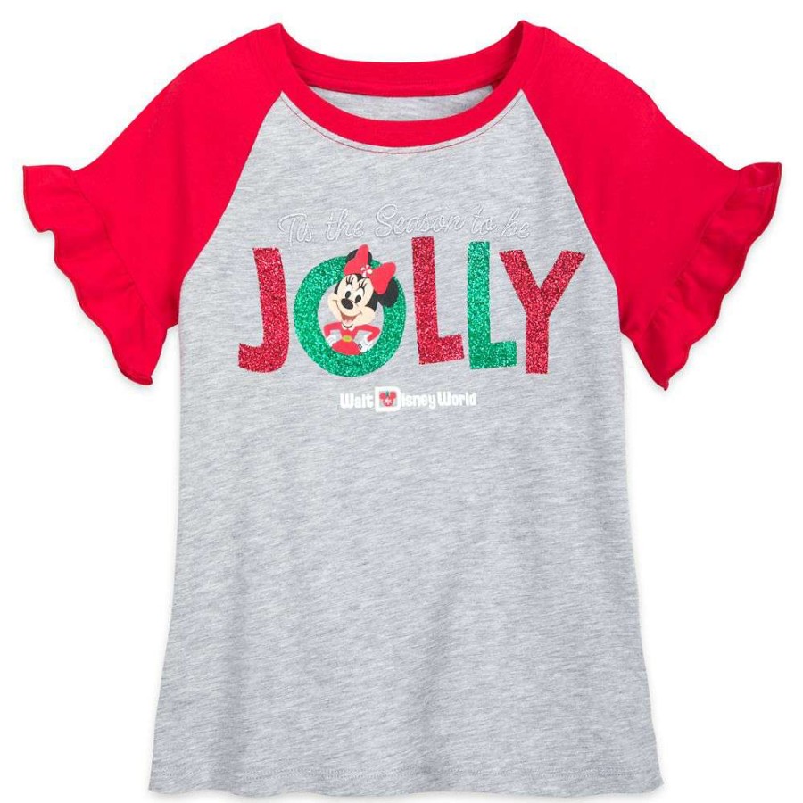 Apparel * | Disney Girls Shirt Holiday Minnie Mouse Jolly Tee New In